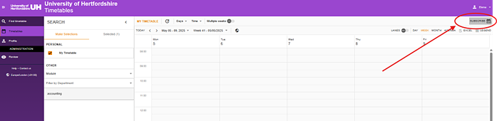 screenshot of timetabling portal view