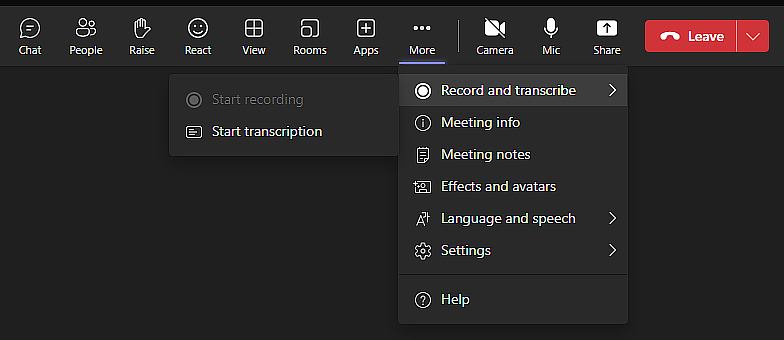 Teams record and transcribe option